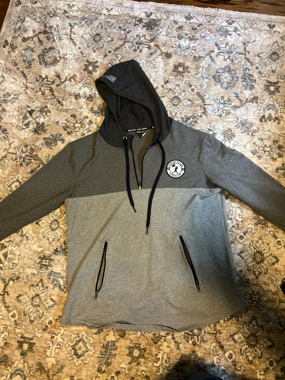 Gray Two-Tone Pullover Hoodie with Round Logo Patch